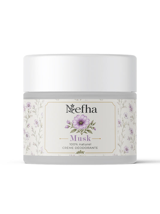 Pot de baume déodorant Nefha parfum musc, verre dépoli 30 g