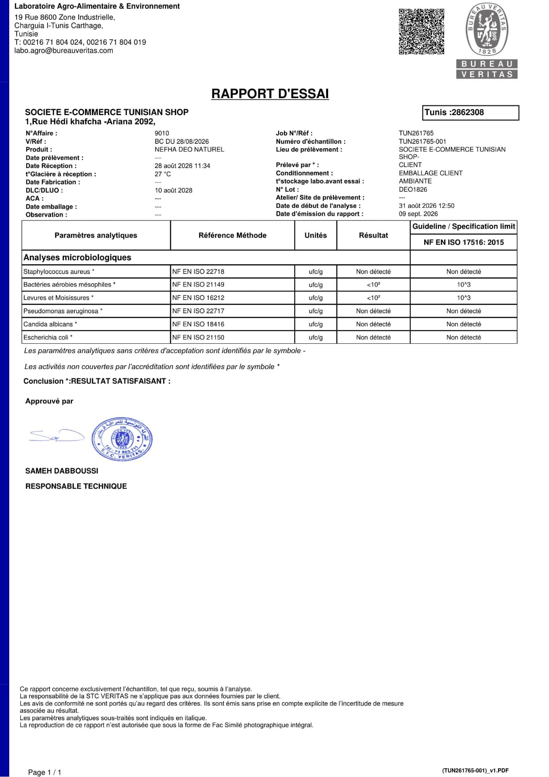 Rapport d'essai Bureau Veritas — analyse microbiologique du baume Nefha, résultat satisfaisant